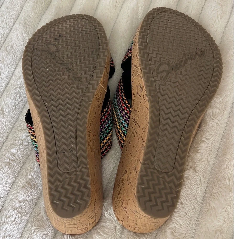Skechers Cali Luxe Foam Womens Multi Color Woven Cork Wedge Sandals Slides